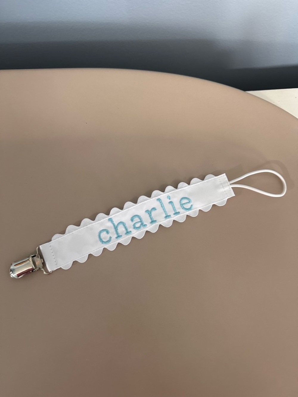 White Ric Rac Pacifier Clip with Blue Embroidery - Charlie
